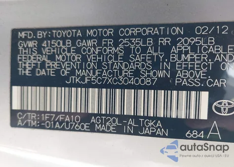 2012 Scion Tc из США, поврежденный, VIN JTKJF5C7XC3040087